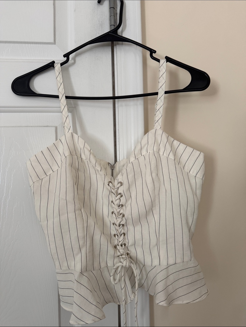 DO+BE Cream Pinstripe Lace-Up Ruffle Hem Tank